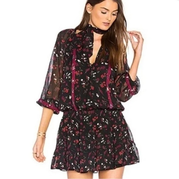 JOIE Grover Floral-Print Silk Blouson Mini Dress, Black, M - Picture 2 of 8